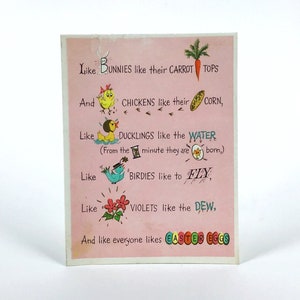 Cartão de feliz Páscoa vintage Hallmark - todo mundo gosta de ovos de Páscoa - coelhinhos, galinhas, patinhos, passarinhos, violetas, cartão de felicitações de Natal usado