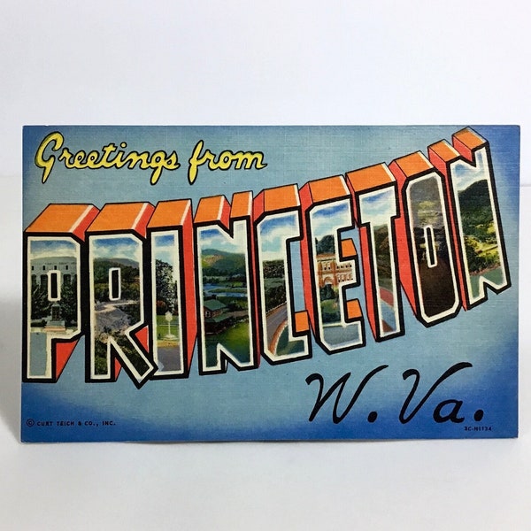 Greetings From Princeton West Virginia 1950s linen postcard Large Letter Curt Teich WV midcentury travel vacation souvenir mercer county