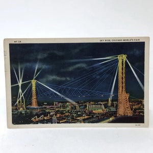 Sky Ride, Chicago World es Fair 1933 Leinen Postkarte Century of Progress Illinois NachtSzene Vergnügungsfahrt