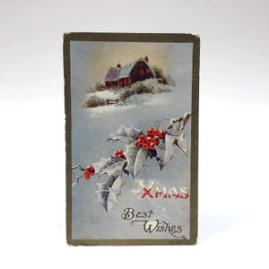 Vintage Weihnachtspostkarte - Weihnachtskarte , WinterLandschaft schneebedeckt Cottage Bauernhaus, Holly Leaves Berries, Saisonale Urlaubskarte