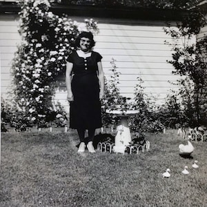 Vintage Schnappschuss - Frau Posing mit Vogelbath & Keramik Ente und Enten 1950er Jahre Kandid Fotografie, Seltsames Volksbild