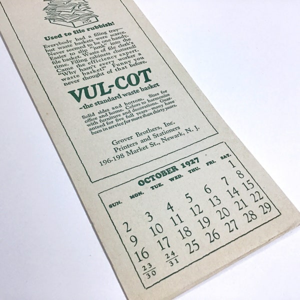 Vintage 1927 Vul-Cot Waste Paper Basket Advertising Card & Calendar, Vulcanized Fiber Trash Cans, Grover Brothers, Newark, New Jersey