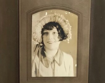 Cute 1920s Flapper in her Easter Bonnet, Vintage Sepia Portrait Photo in Tri-Fold Frame, Jazz Age Roaring 20s, Bee Stung Lips, Bob Hairstyle