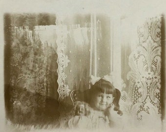 Antique RPPC - Smiling Girl Holding a Doll in Interior with Lace Curtains - Early 1900s Real Photo Postcard, Cute Nostalgic Childhood Photo