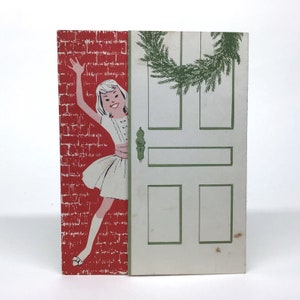 Tarjeta de suscripción de regalo de Navidad usada de la década de 1950 - Knock Knock, Guess Who, Peekaboo, Waving Girl & Boy, Dancing Cat and Dog, Greetings Hello