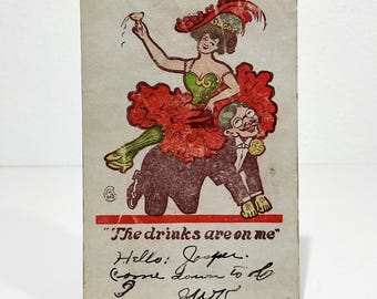 The Drinks Are On Me - Antique 1900s Risque Comic Postcard - Original Edwardian Party Girl Illustrated Card