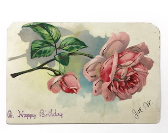Antike Blumenpostkarte mit alles Gute zum Geburtstag Gruß - große rosa Rosen mit silbernem Glitzer verziert, Anfang 1900s Papier Ephemera