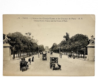 Champs-Elysees and the Horses of Marly, Paris France - Original c.1910s Postcard Parisian Life, Horse Sculpture