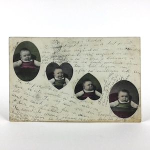 Carte postale allemande de 1905 avec photos de bébé - Ancienne carte de la Saint-Valentin publiée par D. & C. Berlin - Coeur + silhouettes ovales avec photographies de tout-petits