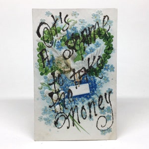It&#39;s a Shame to Take the Money - 1900s Embossed Glitter Novelty Postcard, Berlin Germany - Dove, Letter, Shamrocks & Flowers, Airmail Coin