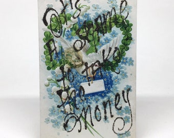 It's a Shame to Take the Money - 1900s Embossed Glitter Novelty Postcard, Berlin Germany - Dove, Letter, Shamrocks & Flowers, Airmail Coin