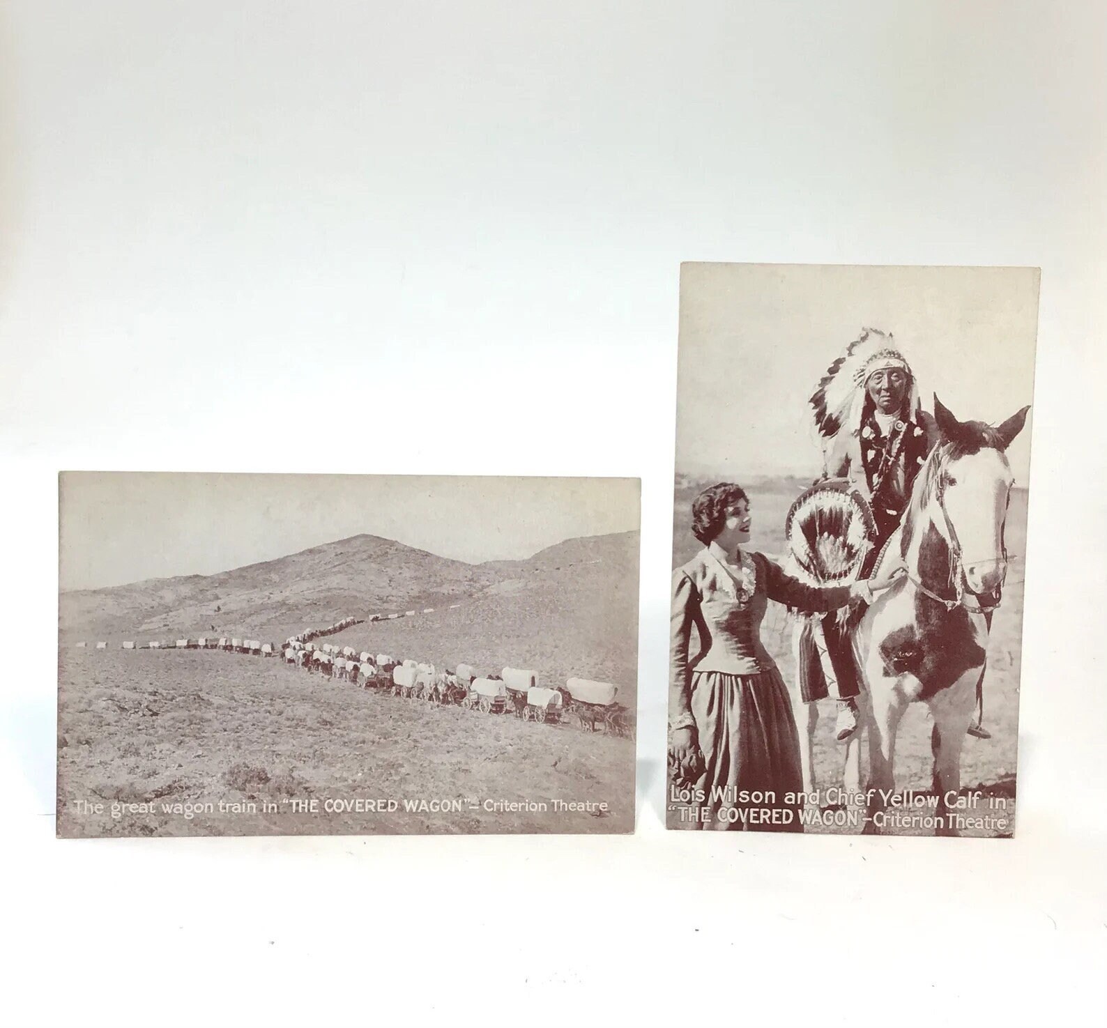 2 postcards 1923 The Covered Wagon silent Western film - promotional advertisement Lois Wilson, Chief Yellow Calf, Criterion Theatre Promo
