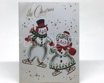 1950s Embossed & Textured Christmas Greeting Card - Holly Jolly Snowman and Snowwoman on Ice Skates, Red Mittens, Gold Snowflakes Retro Card