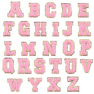 Letras de chenilla rosa autoadhesivas, letras para coser, parche de letras de chenilla, parche de chenilla con purpurina dorada para planchar, personalice sus artículos