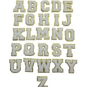 Selbstklebender weißer Chenille-Buchstaben, Aufkleber für Buchstaben, Chenille-Buchstabenaufnäher, Aufkleber-Chenille-Gold-Glitter-Patch, Personalisieren Sie Ihre Artikel