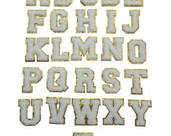 Self-Adhesive White Chenille Letter Patch: Gold Glitter Varsity Sticker