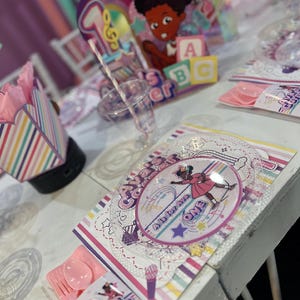 Puede incluir: Un plato de fiesta rosa y blanco con un diseño de arcoíris y notas musicales. El plato presenta a una niña de dibujos animados cantando con el texto "Ava's Concert All for Ava One".