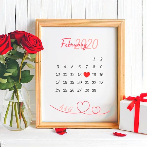 Calendrier SVG Cricut Canva - Personnalisable - SVG Cricut Joy - Cadeau Mariage - Saint-Valentin - Line art - Cœur ligne - Calendar SVG