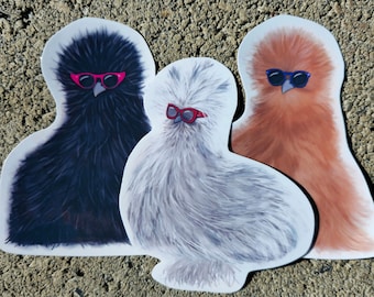 Silkie Chicken Wearing Sunglasses Cool Chicks Glossy Vinyl Stickers Fluffy Chicken Stickers