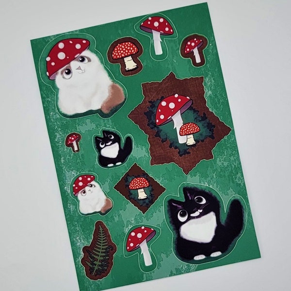 Fluffy Mushroom Kitties Mushroom Cat Matte Vinyl Kiss Cut Sticker Sheet