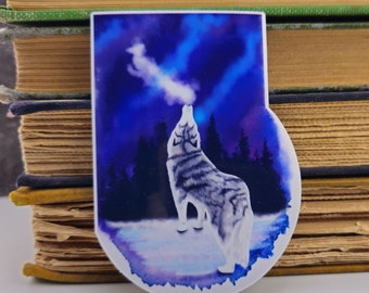 Howling Wolf Northern Lights Watercolor Vinyl Sticker