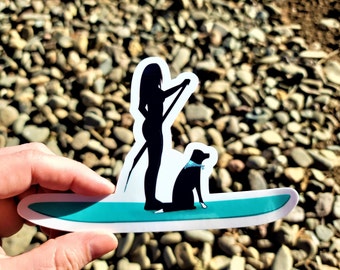 Paddle Boarding Woman With Dog Glossy Vinyl Die Cut Sticker