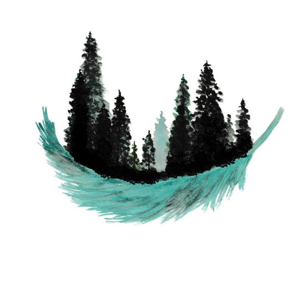 Blue Feather Forest Watercolor Pine Trees Die Cut Glossy Vinyl Sticker