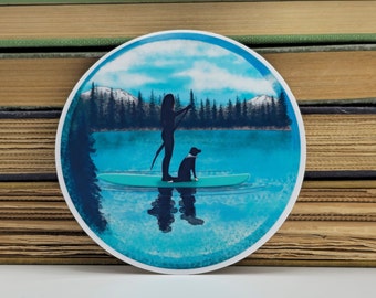 Paddle Boarding Woman With Dog On Elk Lake Watercolor Style Glossy Waterproof Vinyl Sticker