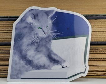 Reading Cat Fluffy Gray Cat Book Vinyl Sticker