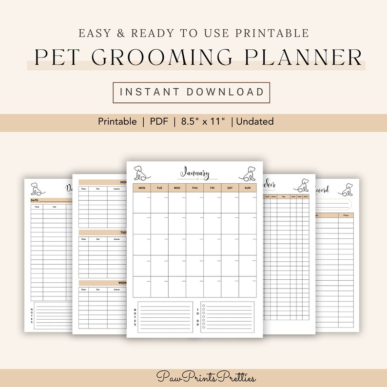 Pet Grooming Planner Undated Monthly, Weekly & Daily Planner Dog ...
