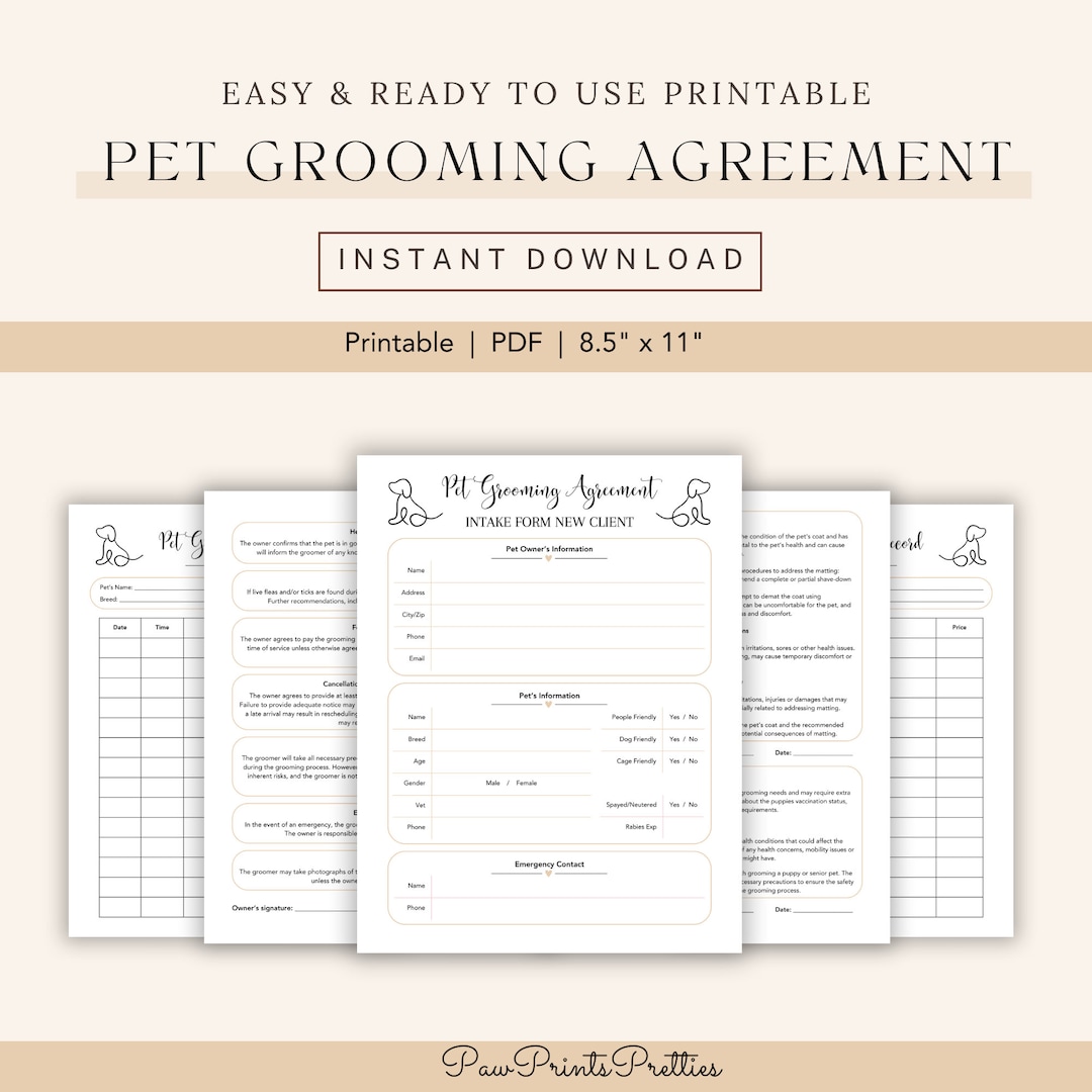 Pet Grooming Agreement Printable - Professional Dog Grooming Contract ...
