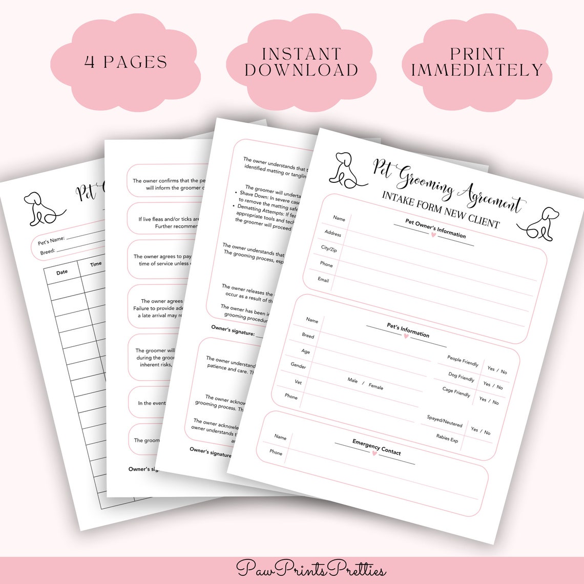 Pet Grooming Agreement Printable Professional Dog Grooming Contract