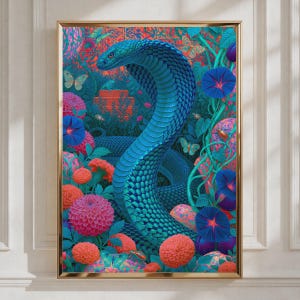 May include: A vertical rectangular wall art print featuring a large, vibrant blue cobra snake coiled amidst a dense garden of pink and orange dahlia flowers, deep blue morning glory blossoms, and several butterflies in a lush, colourful setting.