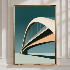 May include: A framed wall art print featuring a stylized illustration of a modern arched bridge. The bridge has a light beige structure with vertical cables against a deep teal sky and a pale green horizon line, presented in a gold frame.