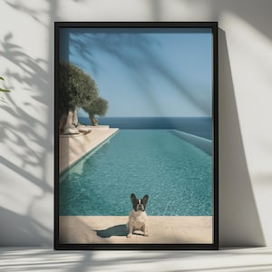 French Bulldog Infinity Pool Poster, Mediterranean Olive Tree, Luxury Wall Art