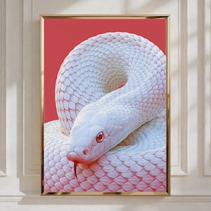 May include: A framed wall art print featuring a coiled white snake with detailed scales and red eyes against a solid red background. The snake is positioned in a circular loop with its head facing forward and its red tongue extended outward.