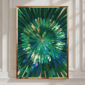 Green Feathers Burst Wall Art Poster, Iridescent Radial Nature Print