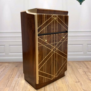 Art deco cocktail cabinet, vintage drinks cabinet bar, Nathan Geometric walnut, English Liquor cabinet.