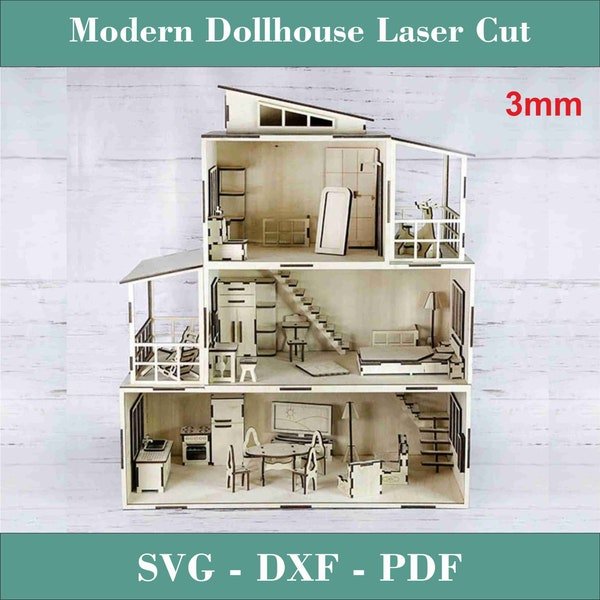Modern Dollhouse Laser Cut 3mm dollhouse svg - Wooden Doll house Furniture Set Laser Cut doll house - furniture set vector  wood plywood