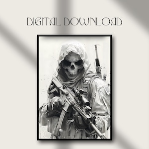 May include: Black and white digital art print of a figure in military attire, with a skull face and a hood. The figure is holding a rifle with a scope. The words "DIGITAL DOWNLOAD" are at the top of the image.