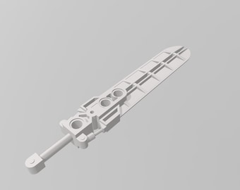 May include: A white plastic sword with a detailed design and a long, thin blade. The sword has a handle with a round knob at the end.