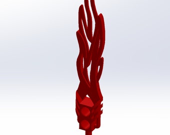 May include: A red plastic sword with a flame design. The sword has a handle with a square base and a round top.