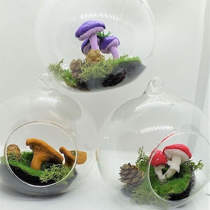 Handmade Clay Mushroom with Moss in Glass Jar, Terrarium Ornament with Hook, Nature-Inspired Home Decor