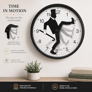 May include: A quirky wall clock with a black and white design. The clock has a black frame and a white face with black numbers. A black silhouette of a man with moving legs indicates the time. The text "TIME IN MOTION" is at the top of the clock.