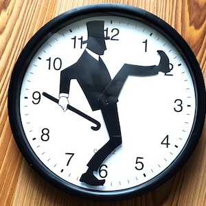 Black & White Moving Suit Man Clock, Unique Wall Clock, Modern Art Decor, Black and White Funny Silly Walk Novelty Clock