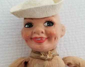 Vintage Antique 1940s Boy Felt Over Cloth Body Doll with Compo Head Great Smile. 10" tall. Painted face