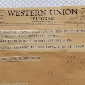 Vintage Telegram, Western Union  1963, Retro Mid-century, 1960's  Office, Home Item, Sympathy Message, Original, Authentic, Not Repro.