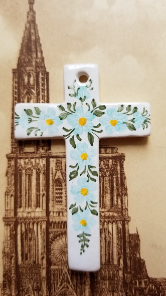 Vintage Easter, Hand painted Ceramic Cross, Stama,