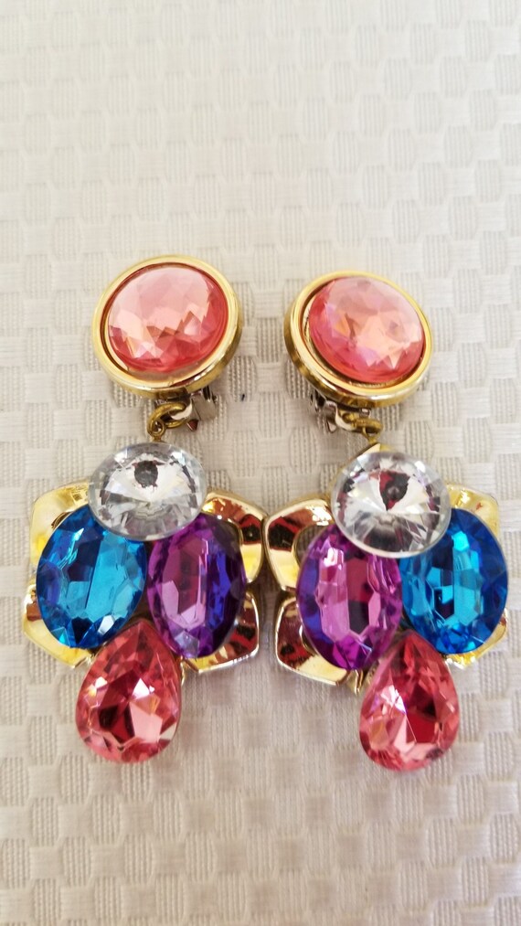 1980's Vintage Clip on Earrings. Big and colorful… - image 1