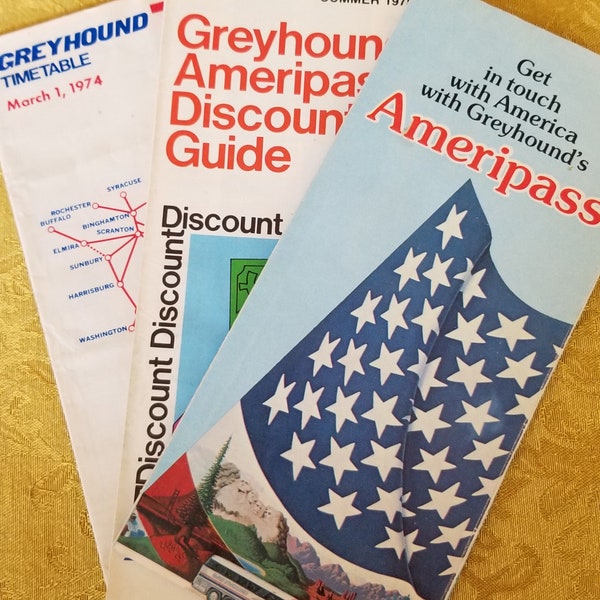 Vintage Advertising, 1970's, Lot of Three, A Greyhound Timetable, A Discount Guide and  A Ameripass, Retro Travel, Vintage Bus, Crafting